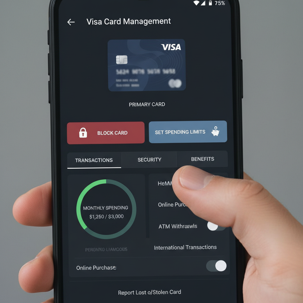 Interface de gestion des cartes Visa avec options de blocage et limites de dépenses