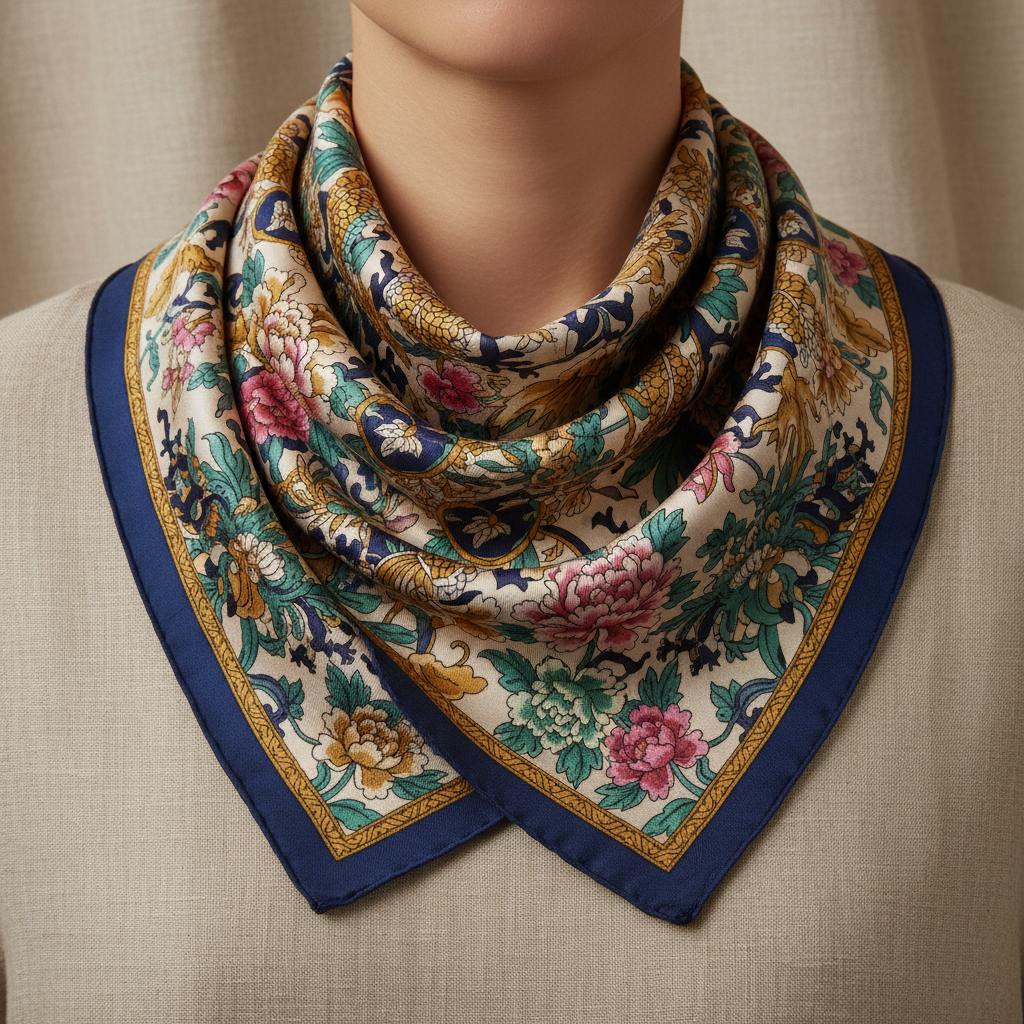 Vintage silk scarf draped over shoulder