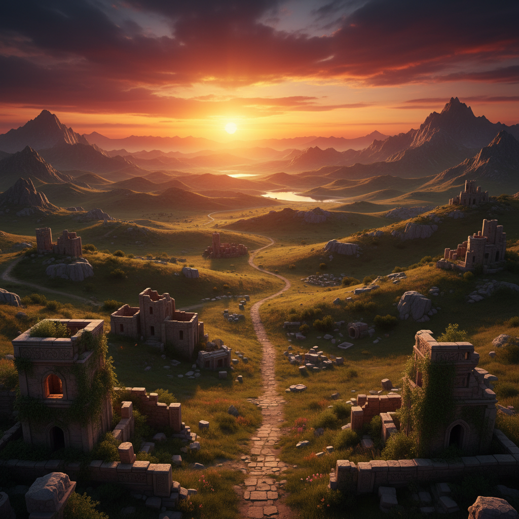Vast open world landscape with golden sunlight, sweeping terrain, expansive view
