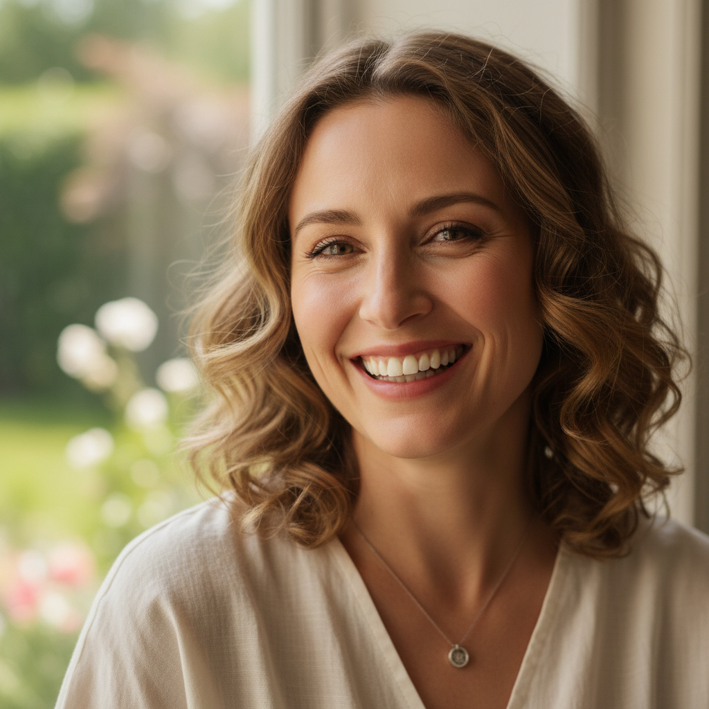 Profile photo of a woman with curly hair, bright natural light