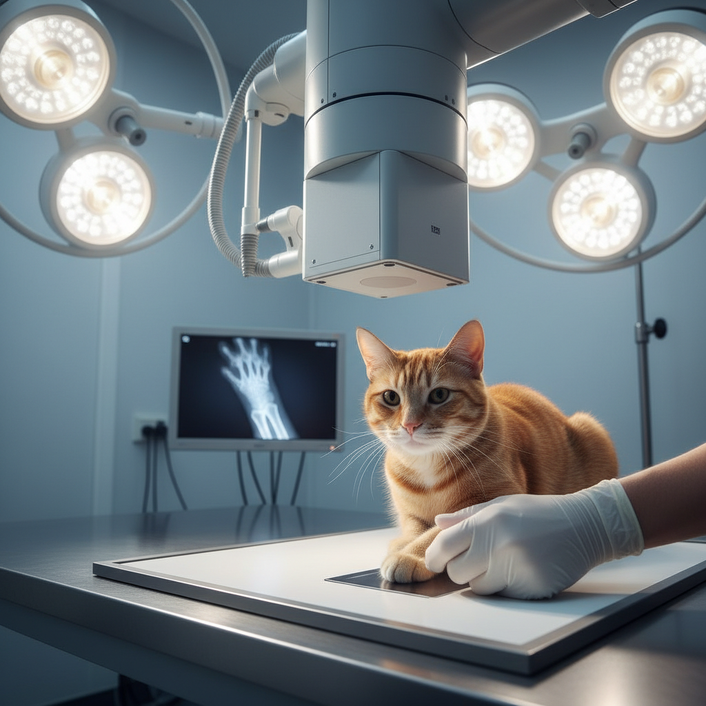 Newton receiving x-ray imaging of his rear claw at the veterinary surgery