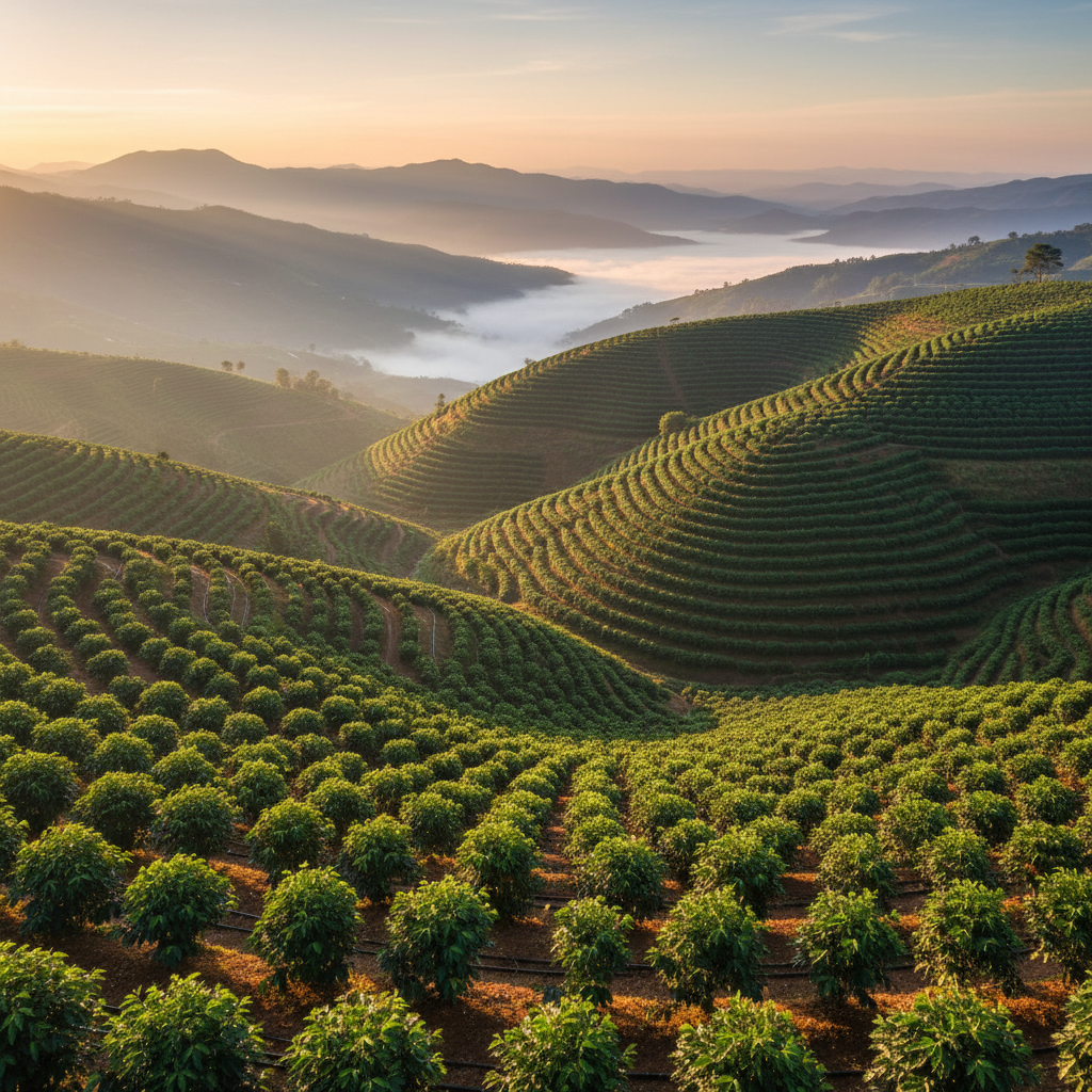 Coffee farm with rows of coffee plants on a hillside in golden morning light