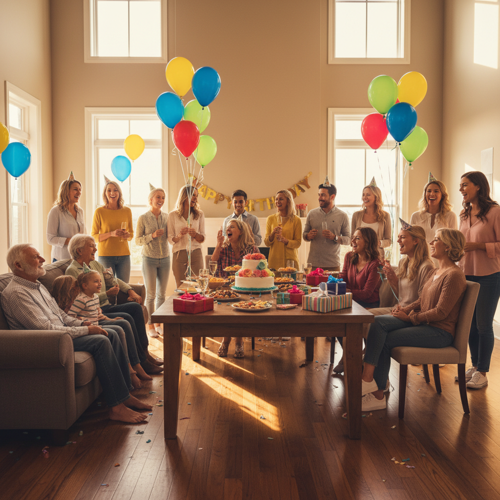 Bright cheerful birthday party decorations with colorful balloons in a warmly lit festive room