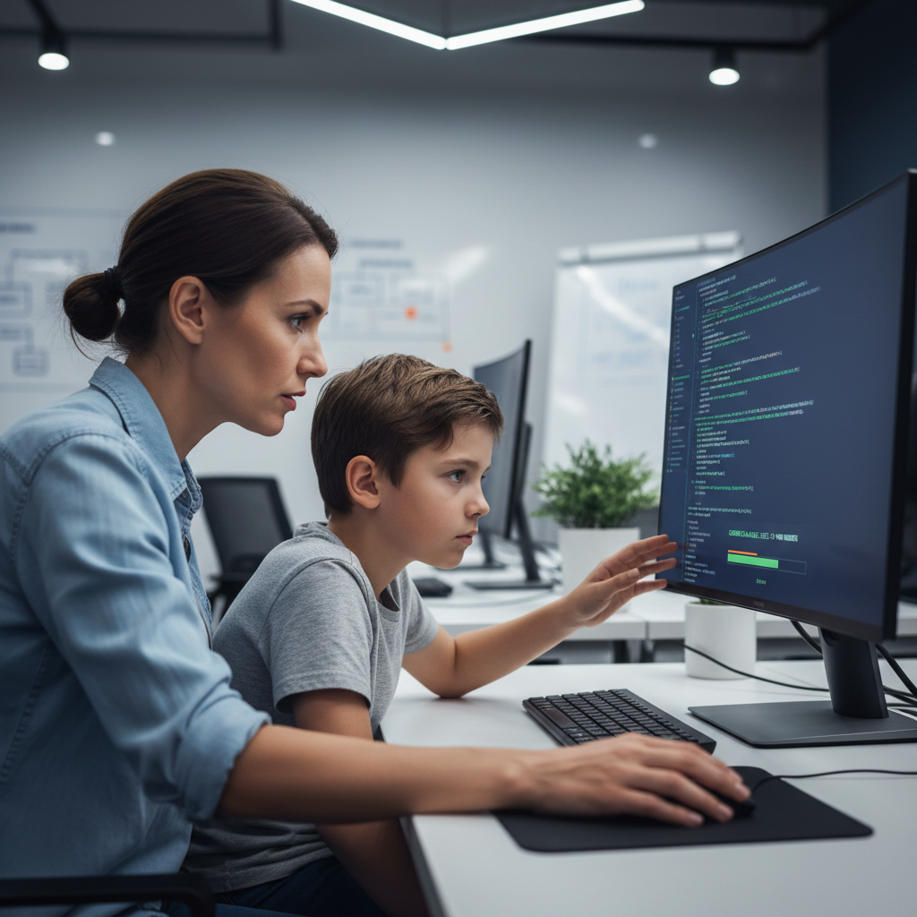 Instructor guiding a young student through a coding challenge on screen