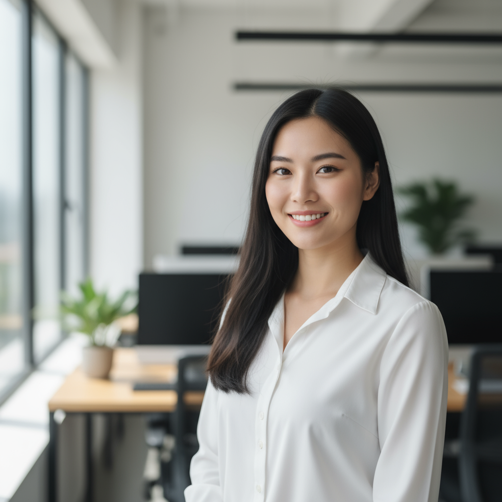 Young Asian woman with short black hair in white blouse smiling brightly