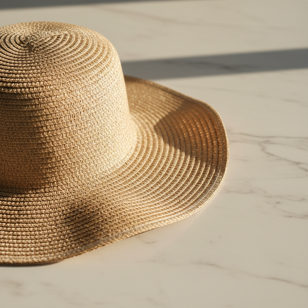 Sombrero de paja toquilla superfino blanco sobre fondo claro, tejido perfecto y simétrico, sombra suave