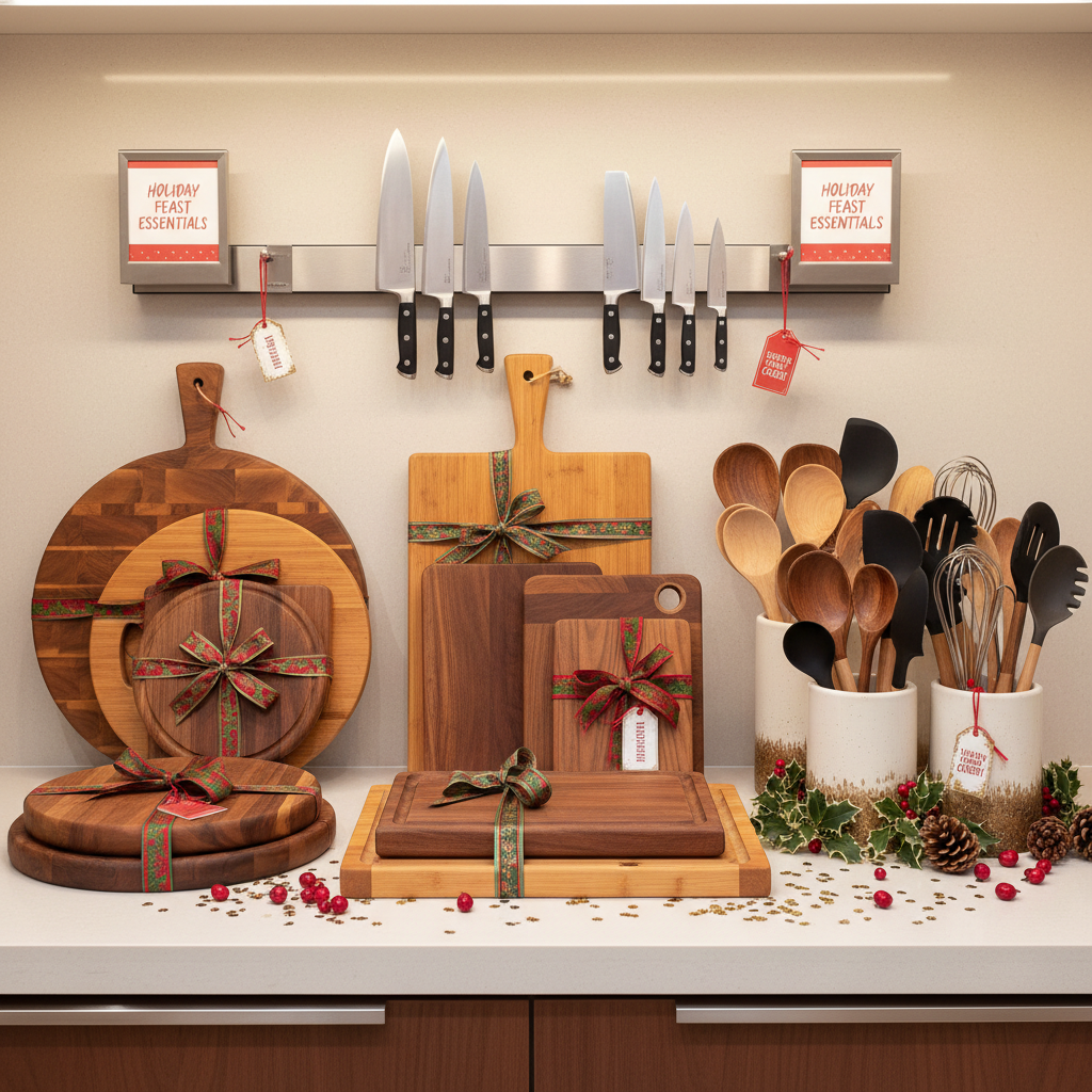 Full kitchen accessories display with cutting boards, knife strip, utensil sets and branded retail display fixtures arranged for a holiday endcap