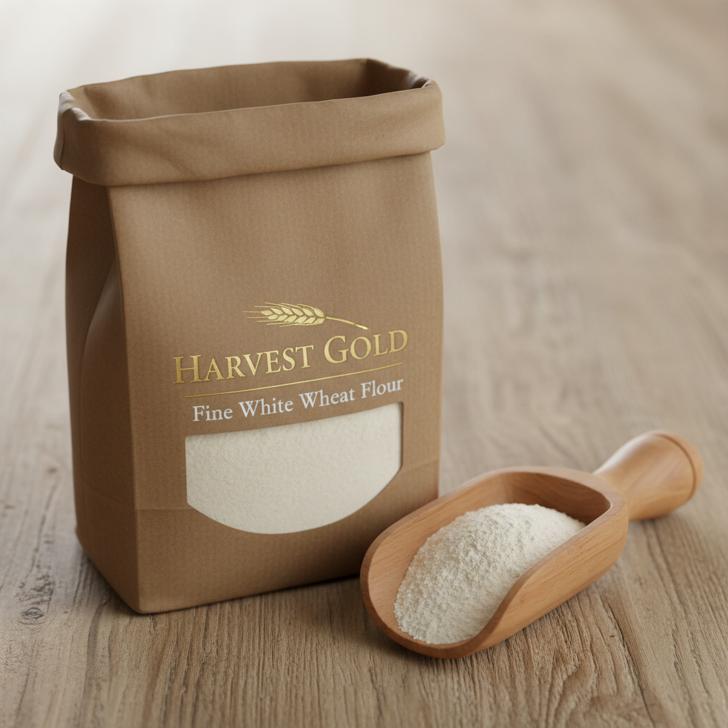Fine white wheat flour in a bowl with a scoop on a bright clean wooden surface