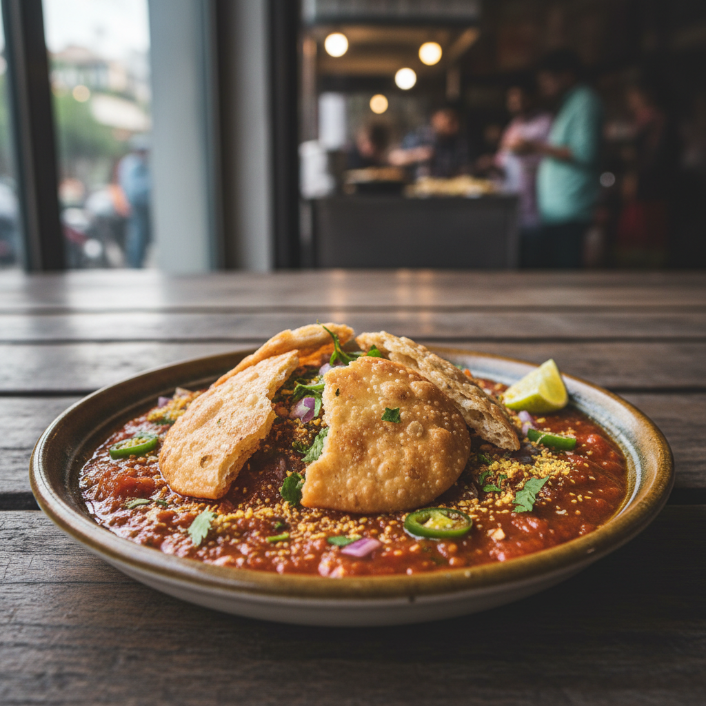 Tamatar chaat with tomato gravy and crispy kachori, vibrant red and orange food photography, bright natural light