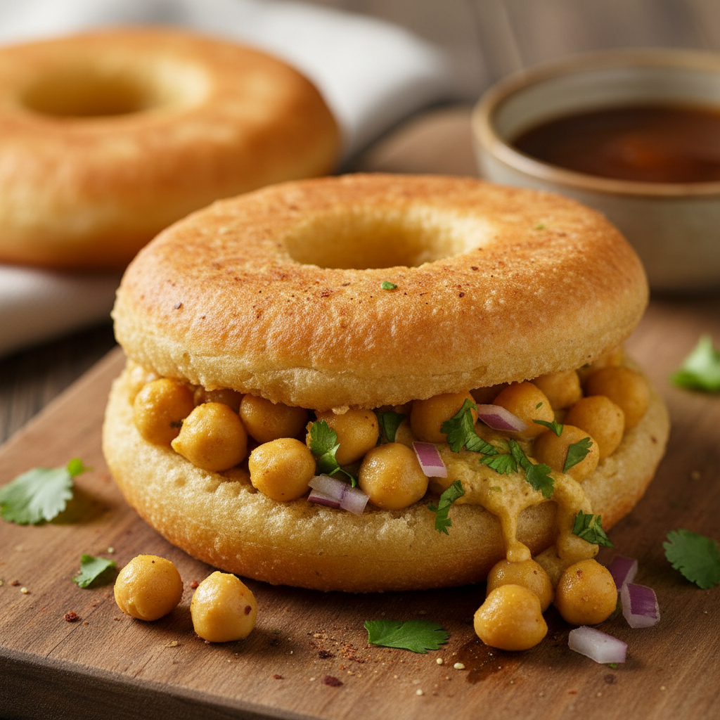 Close up of golden fried bara bread with chickpea filling