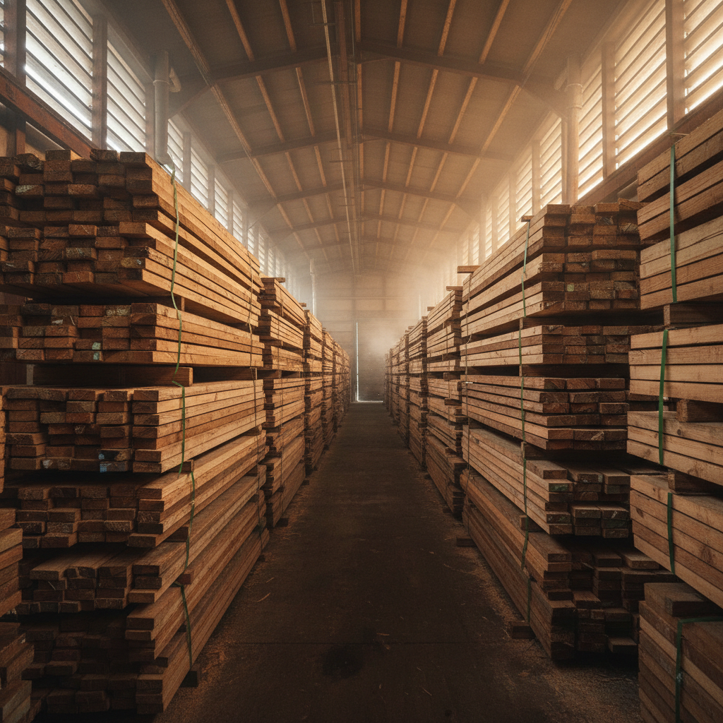 Interior of industrial lumber kiln with stacked planks and steam vents
