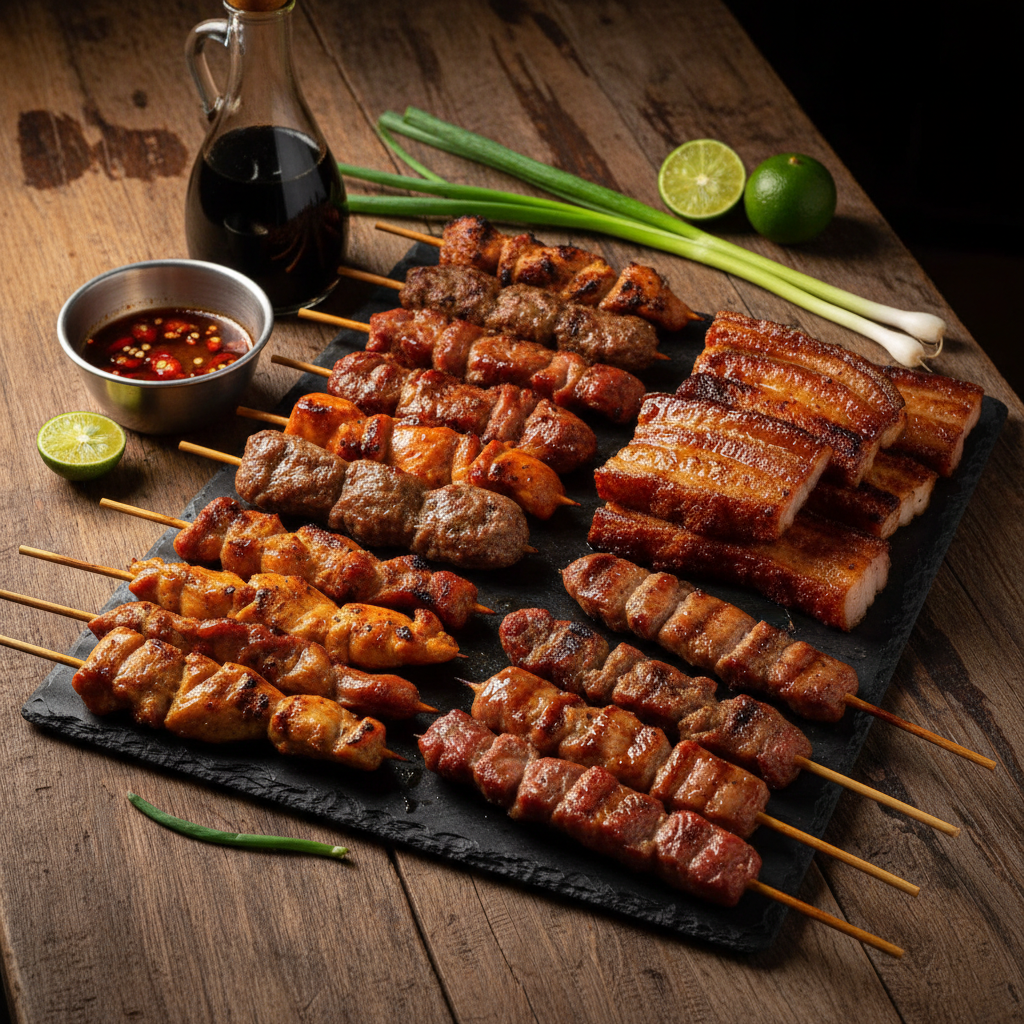 Grilled BBQ skewers and pork belly displayed at Mang Tony's BBQ House stall