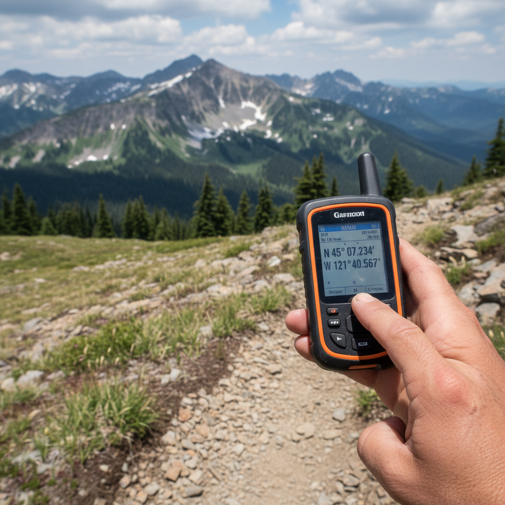GPS device mounted on handlebars of a bikepacking bike on a remote mountain trail, map visible on screen