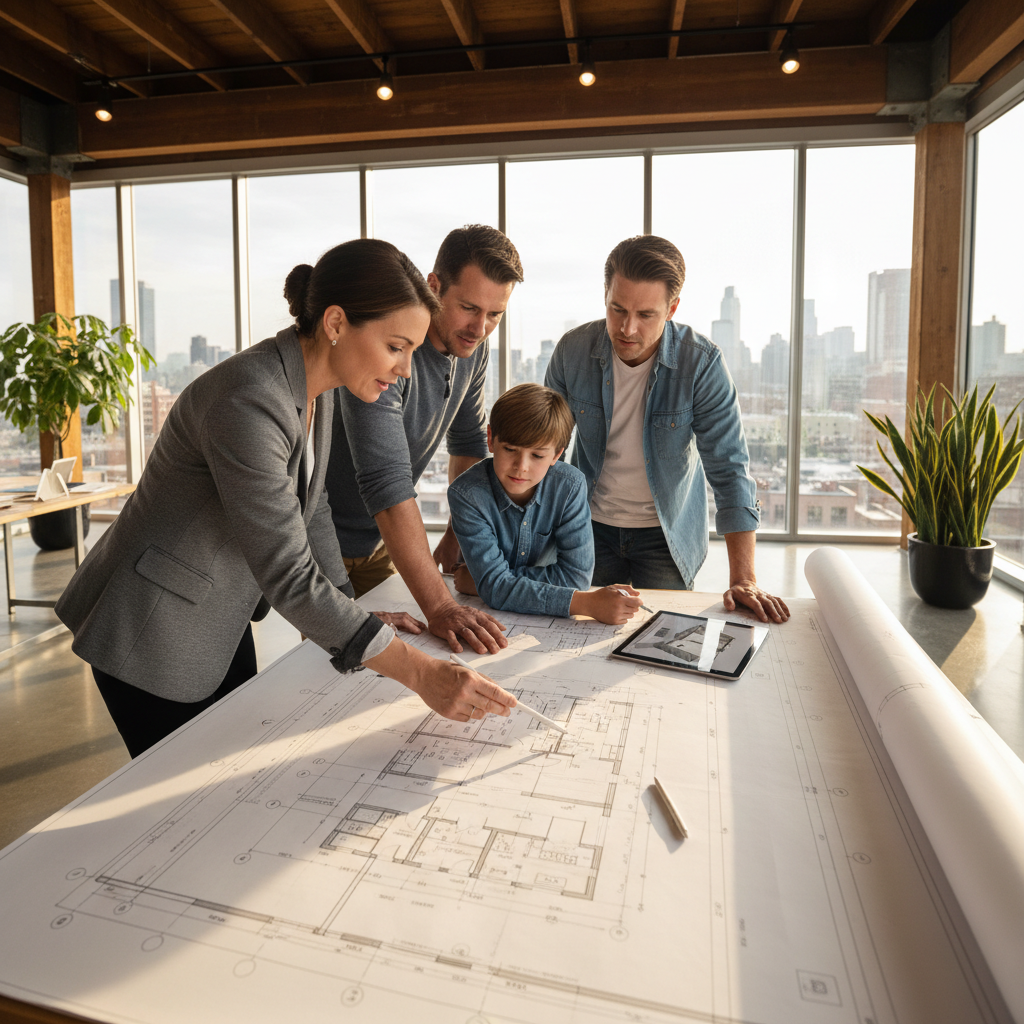 Step 1 Discovery — Buildrs.in architect consulting with family clients over architectural drawings for home construction in Rajasthan