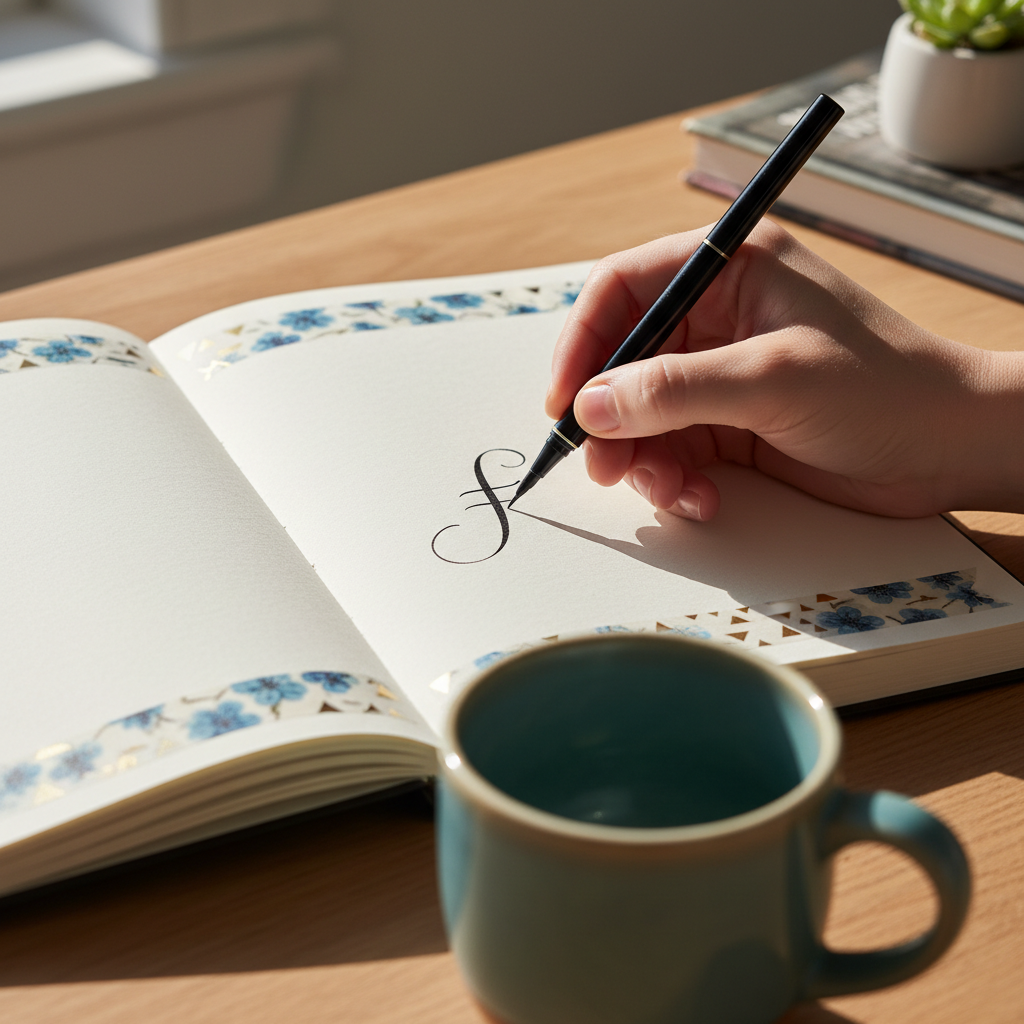 Hand mid-stroke with fine-tip pen over an open journal spread with washi tape edges and a ceramic mug casting a soft shadow
