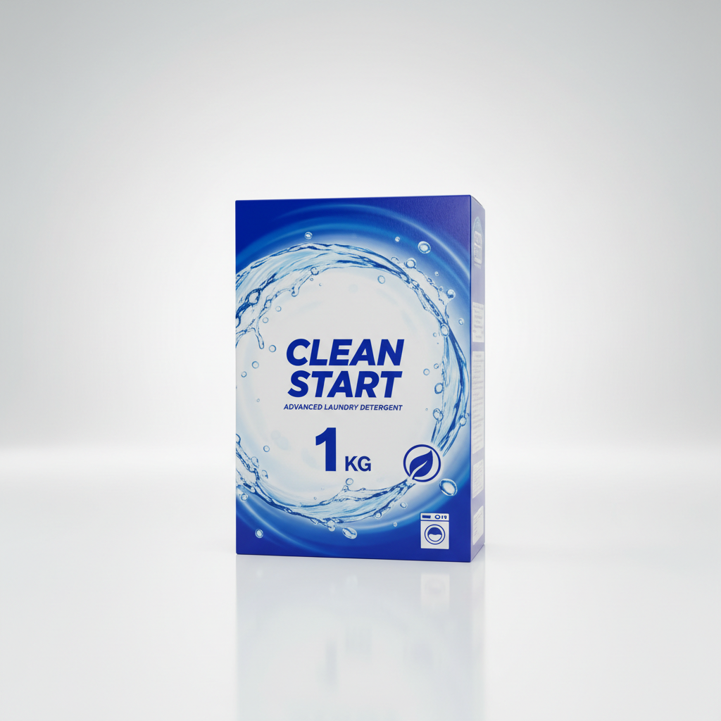 Orange and white detergent packaging on clean surface