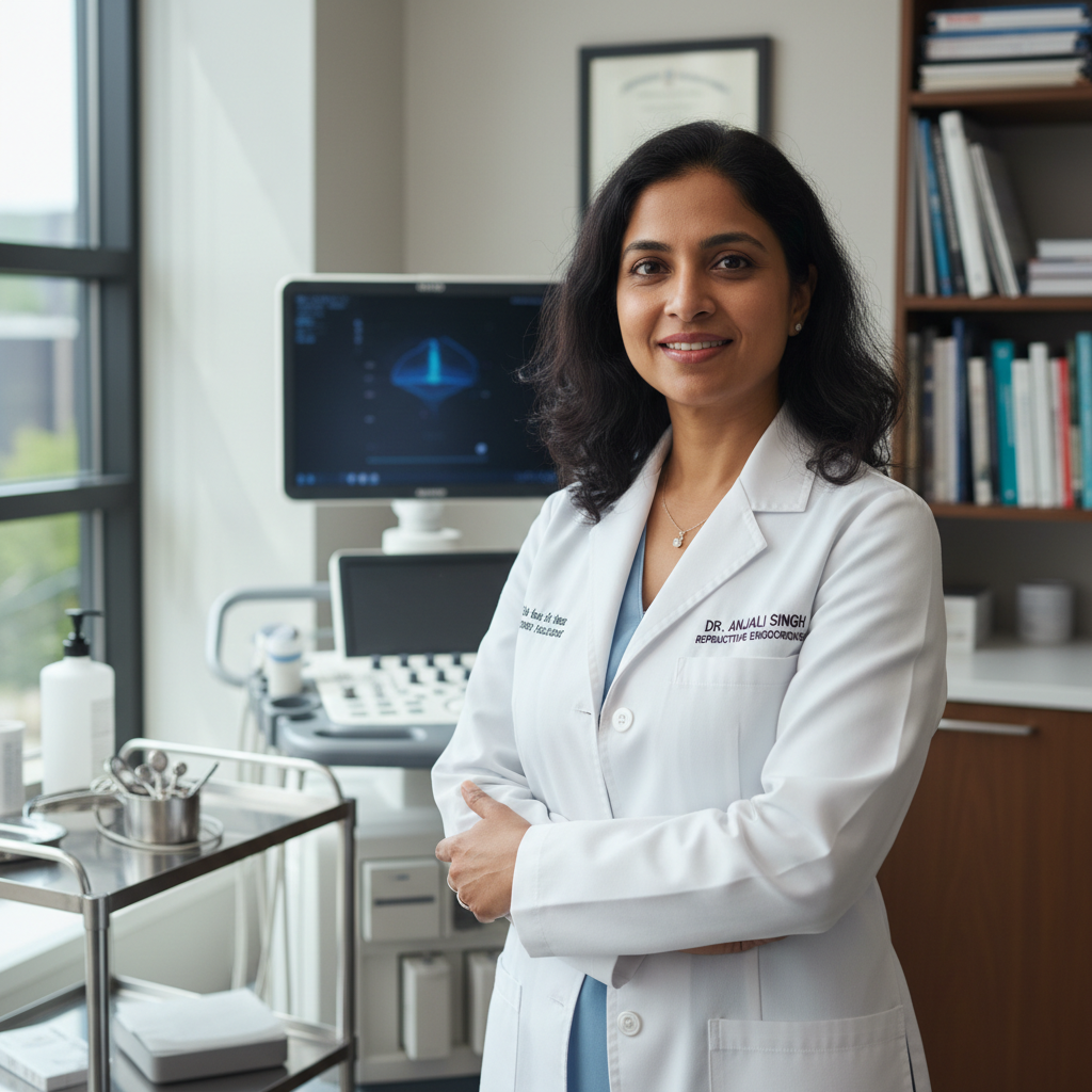 Female doctor of South Asian heritage in white coat, professional headshot, warm lighting, clean white studio background