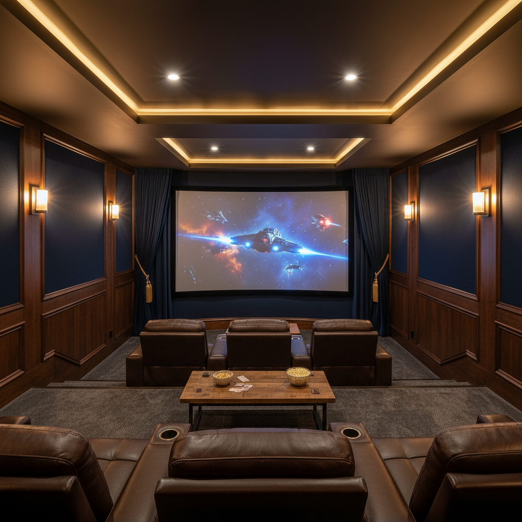 Finished basement home theater with tiered seating, amber sconce lighting, and a large acoustically transparent projection screen showing a 4K film