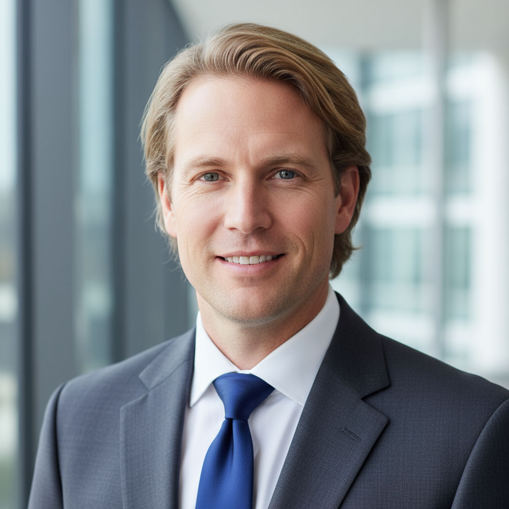 Professional headshot of Caucasian man with short blonde hair in charcoal suit with confident expression