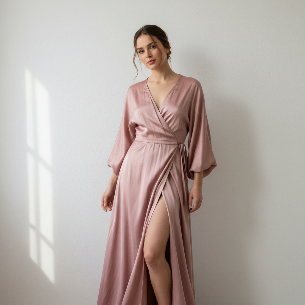 Bright editorial fashion shoot, model in flowing ivory silk wrap dress in sunlit minimalist space