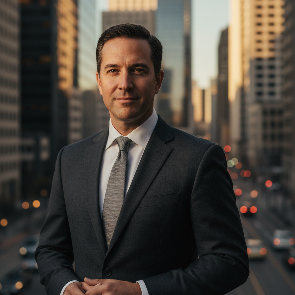 Male executive in dark suit, Rembrandt lighting, shallow depth of field with blurred city skyline