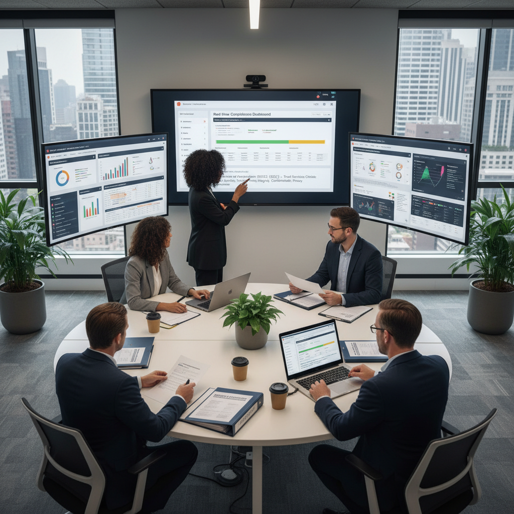Compliance team monitoring SOC 2 controls and managing ongoing compliance programme with dashboards and reports
