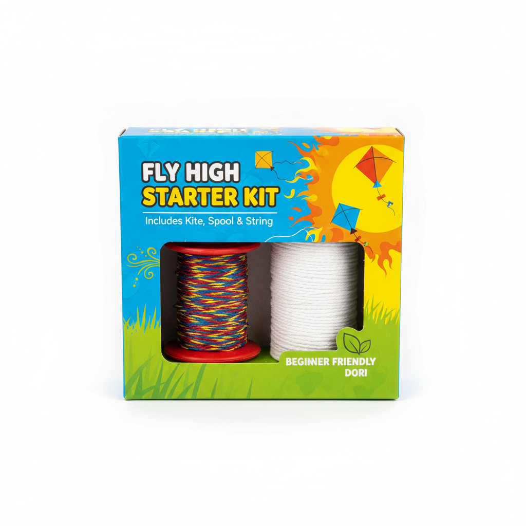 Beginner kite starter kit with small manja spool and dori roll in colorful packaging