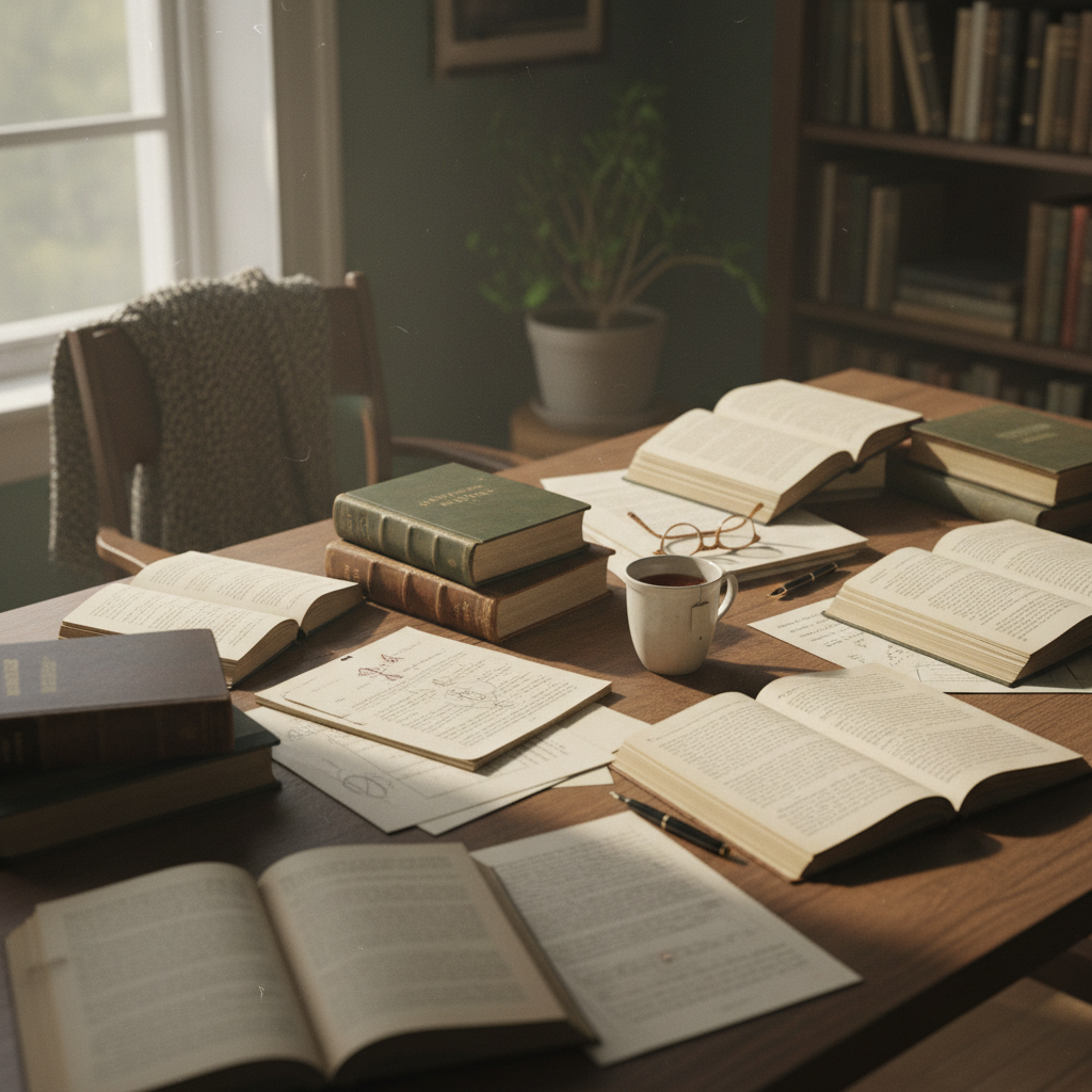 Mesa con libros abiertos, cuadernos y una taza de té, ambiente de lectura tranquilo con luz natural cálida y tonos marrones