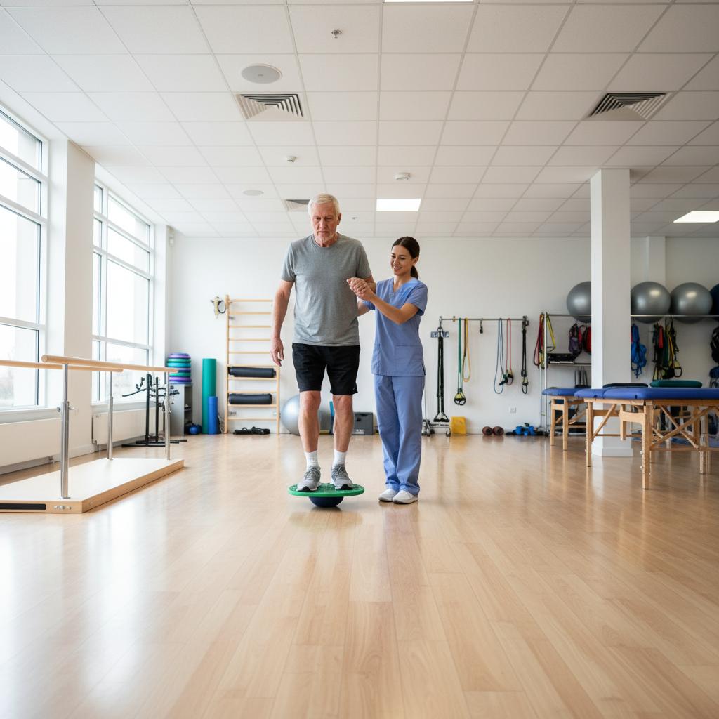 Senior man practicing balance exercises with therapist in a bright therapy room