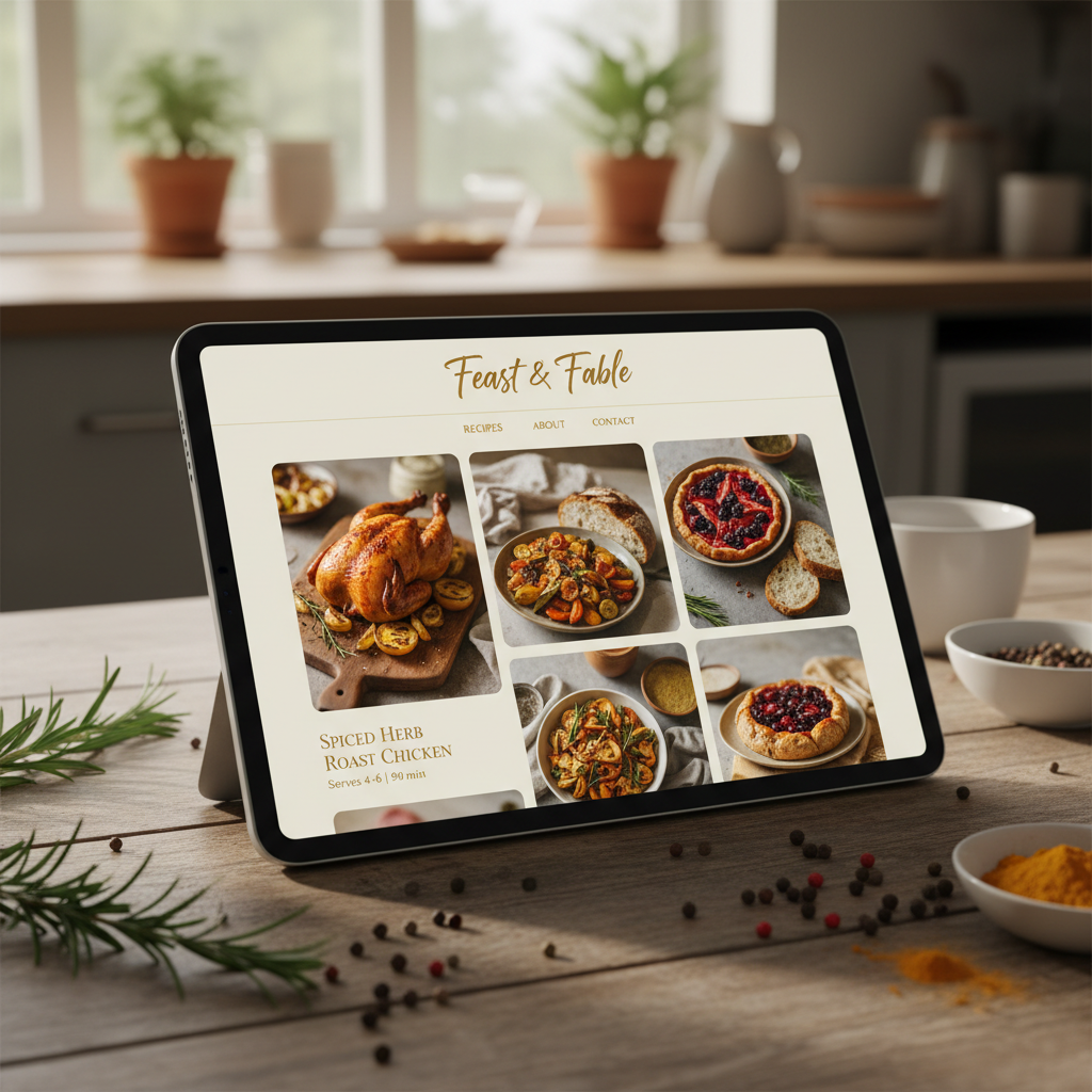 Food creator blog website with beautiful recipe photography layout and editorial design on clean modern interface