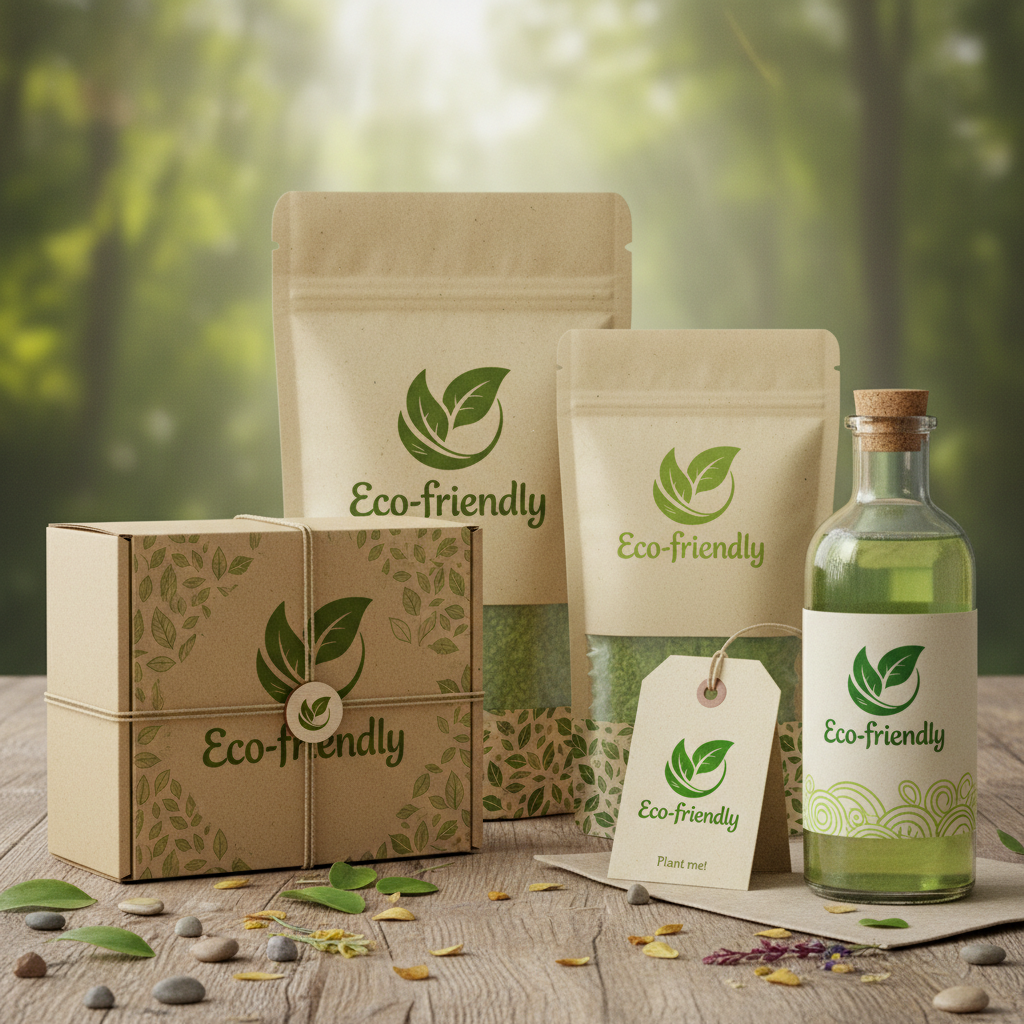 Eco-friendly biodegradable food packaging materials with green plant leaves on natural background