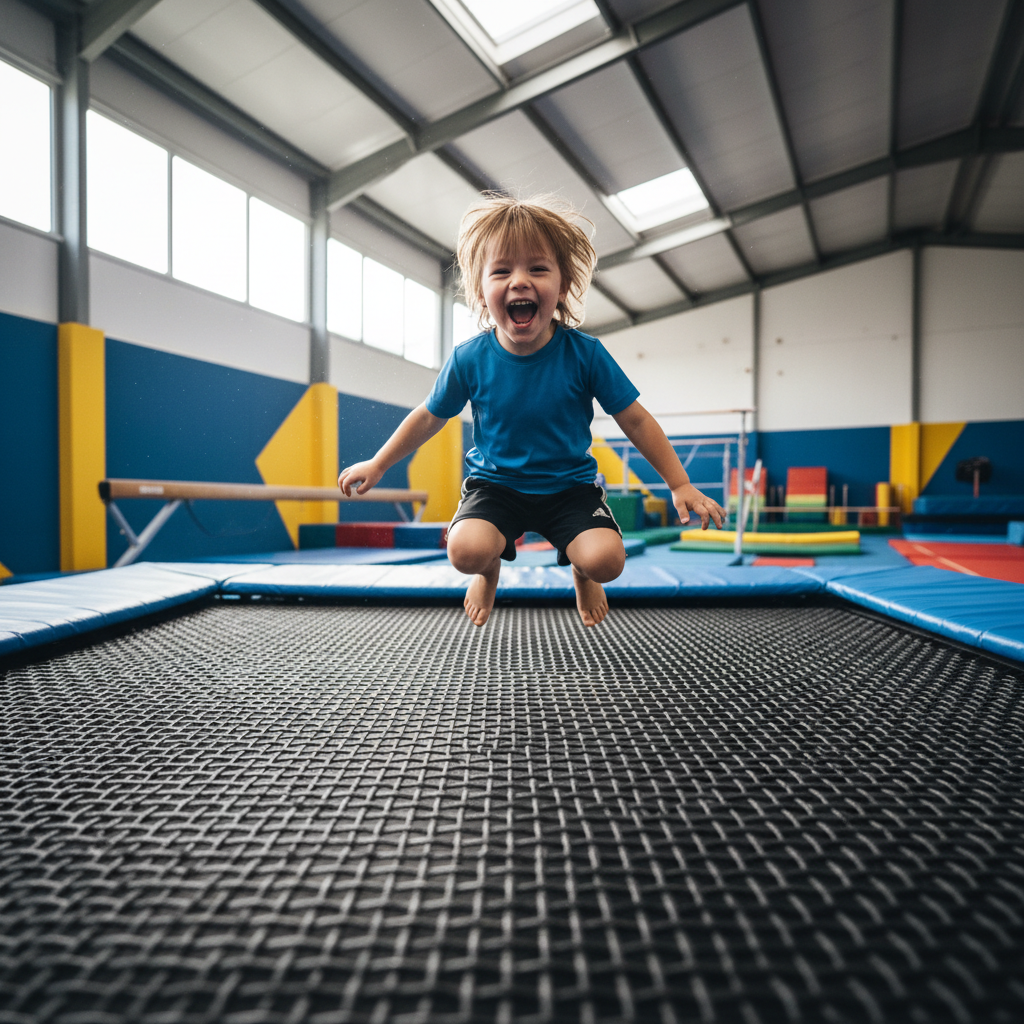 Young child bouncing on trampoline with mouth wide open in joy, gym background