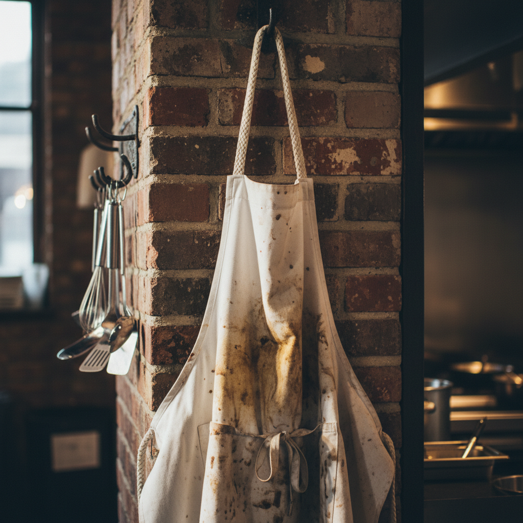 Grease-spotted white chef apron hanging on kitchen hook