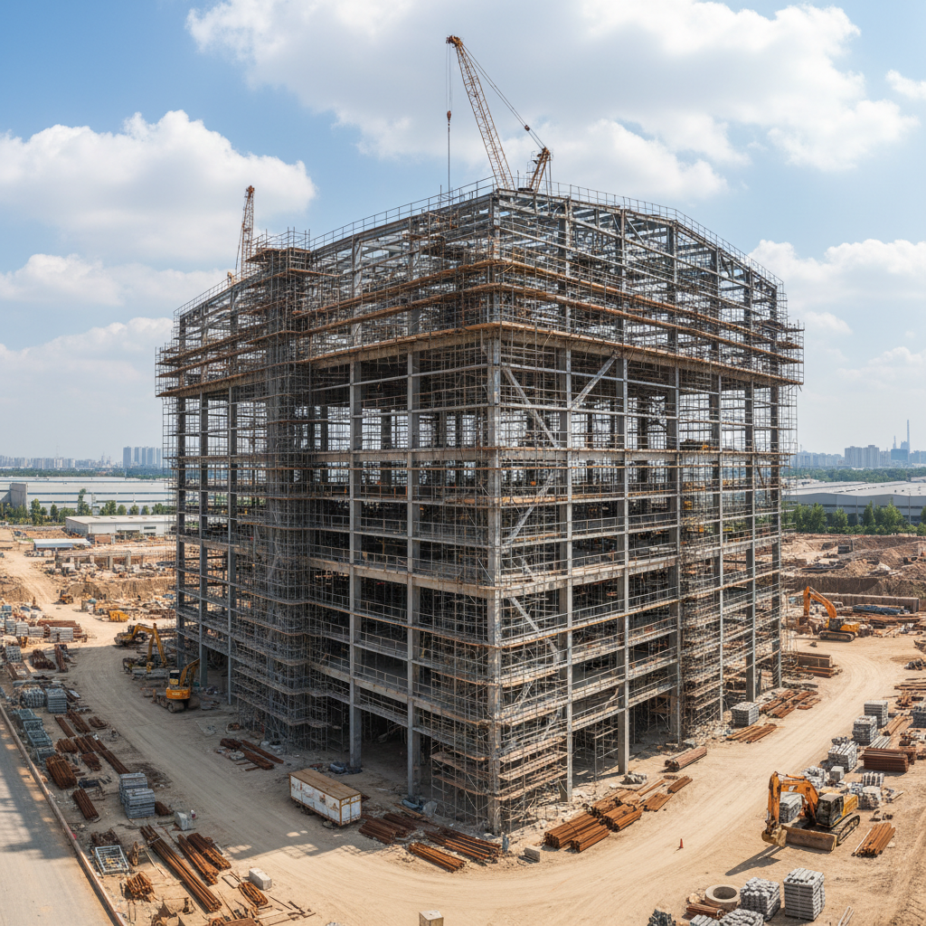 Steel frame commercial building under construction, blue sky, cranes and scaffolding, strong industrial composition