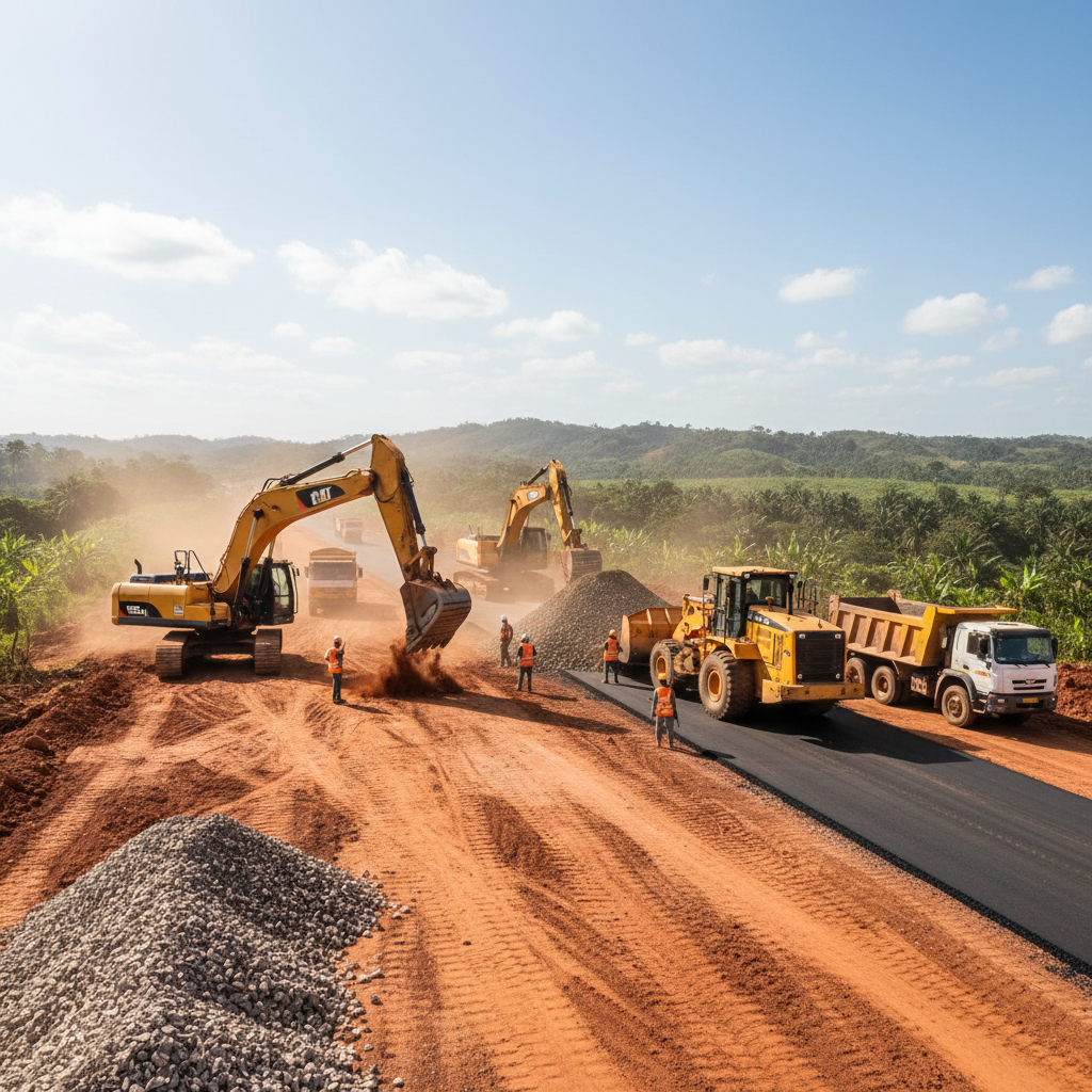 Wide national highway under construction with heavy machinery and earthwork operations, dusty construction site, strong sunlight