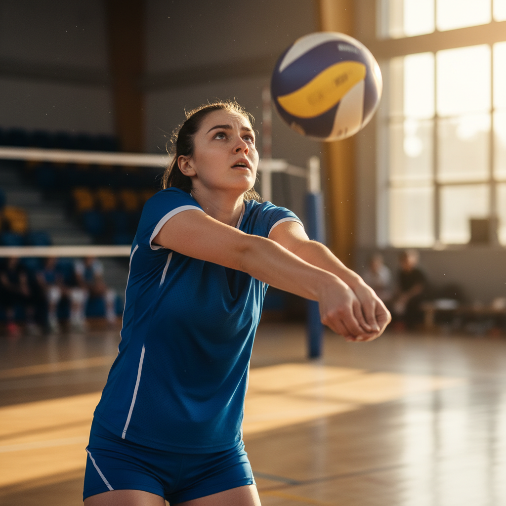Female volleyball player setting the ball with focused expression