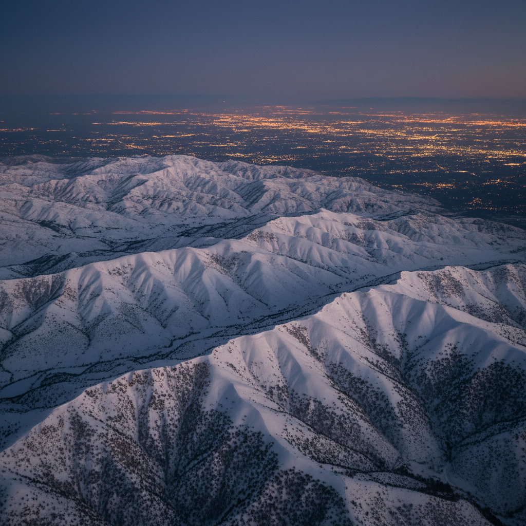 Aerial view of snow-covered San Gabriel mountain ridgeline at night with Los Angeles basin glow on horizon