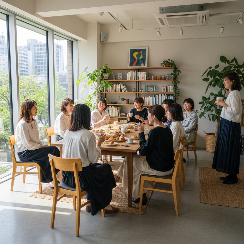 Women seated at a decorated table laughing and sharing a meal together in a bright hall