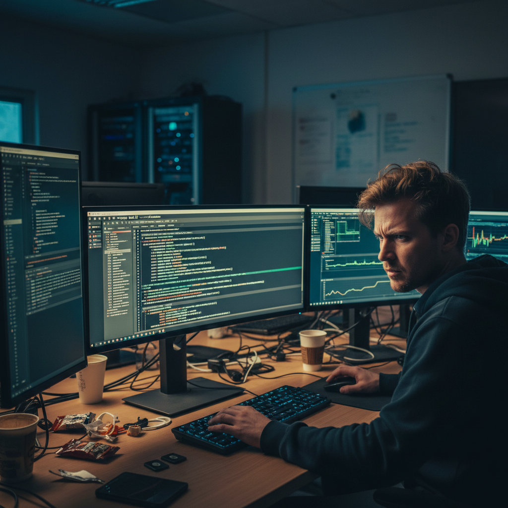Software development team working on dark monitors with code in dim lit office environment