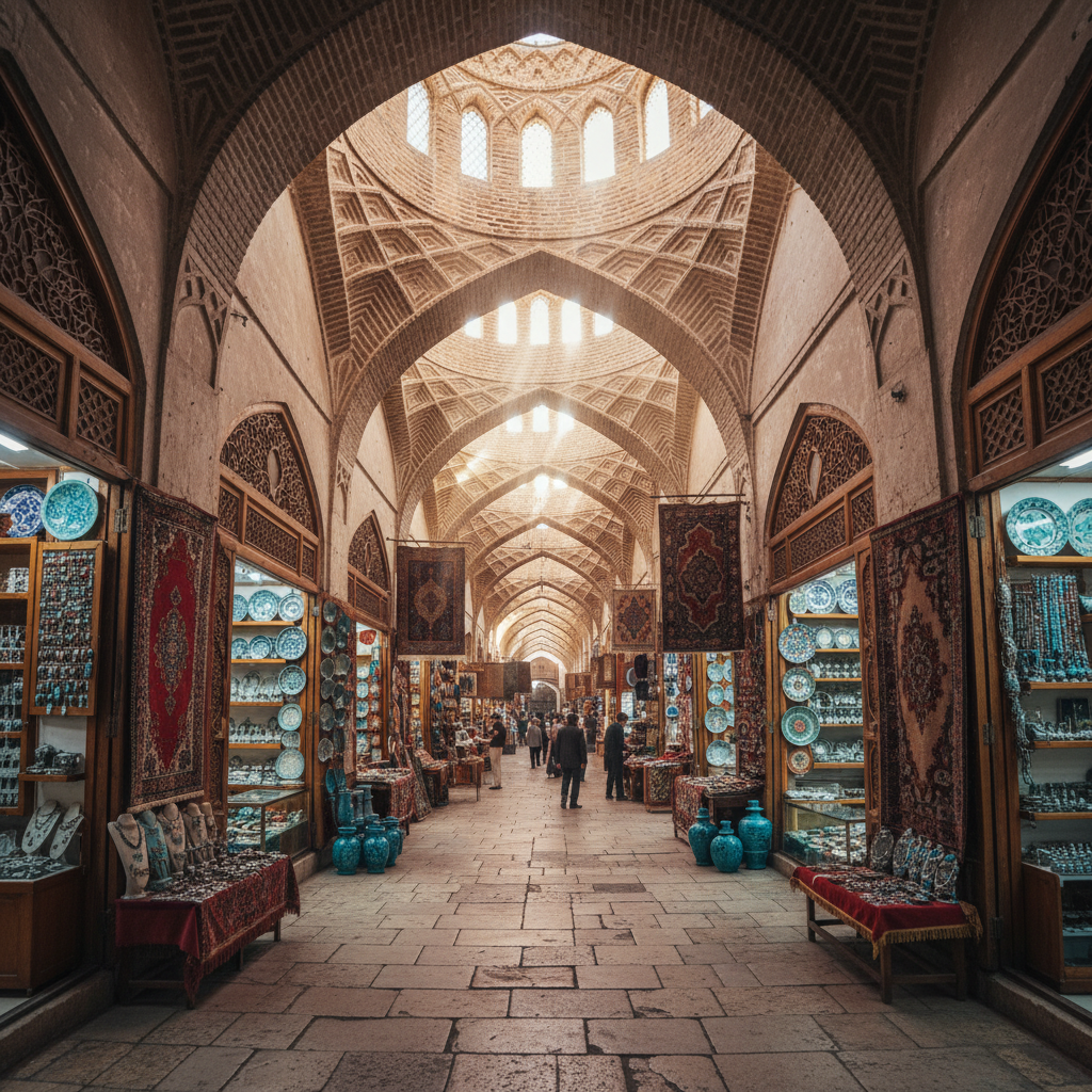 Traditional Iranian bazaar shop with colorful handicrafts and textiles on display