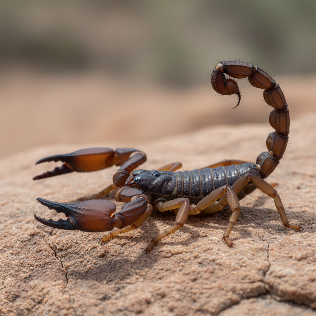 Macro close-up of a scorpion showing segmented tail and claws on rock