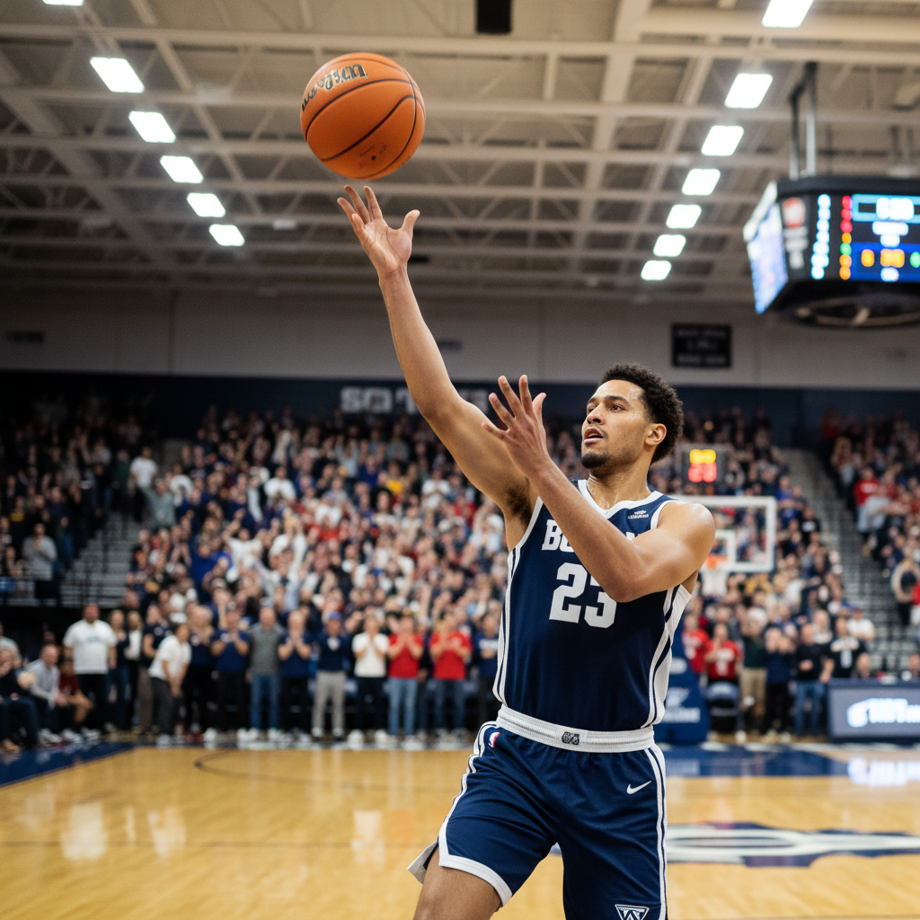 Basketball player shooting free throw in packed gymnasium, intense concentration, crowd on their feet