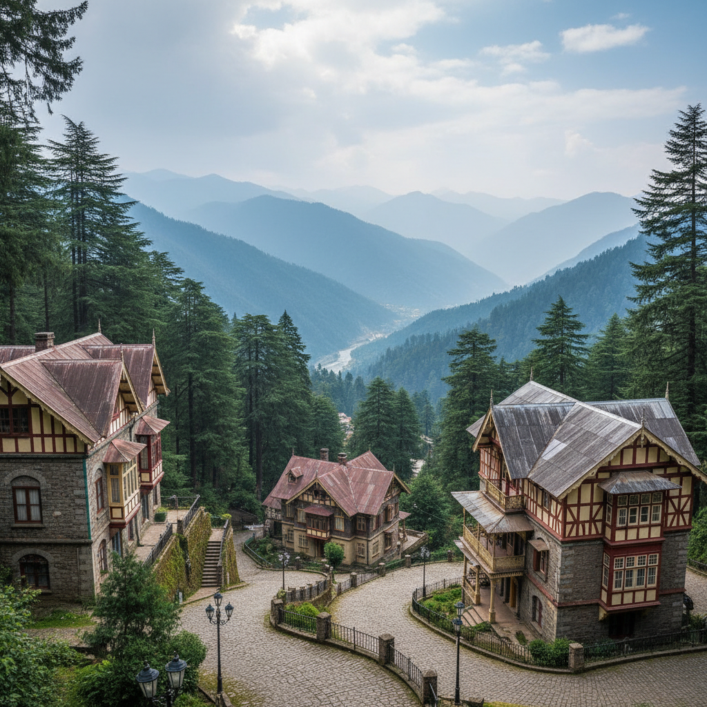 Dalhousie hill station with colonial buildings pine forests and snow-capped Dhauladhar mountains