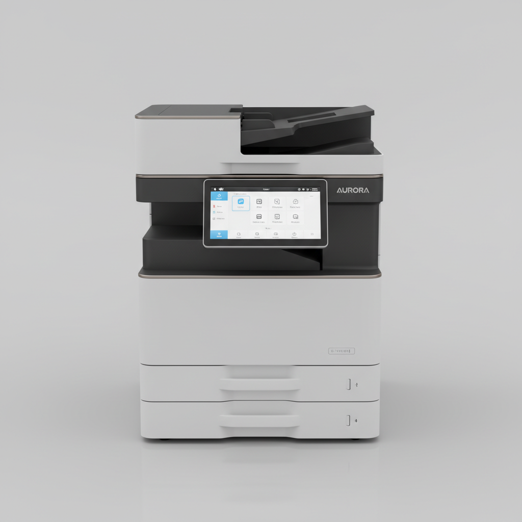 Brother printer in a modern office environment with teal accent lighting and dark professional workspace
