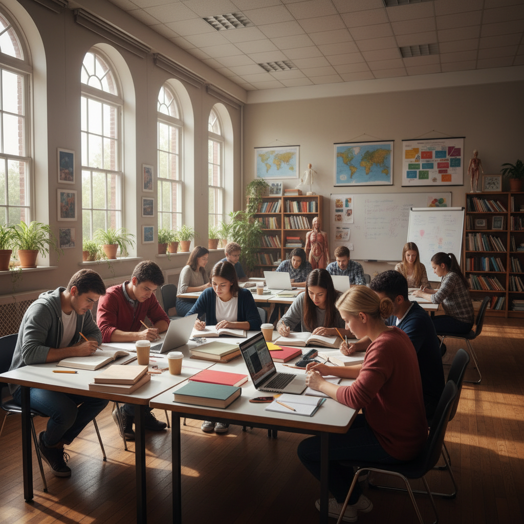 Students studying in a well-lit classroom with books stacked on desks and a teacher at the front