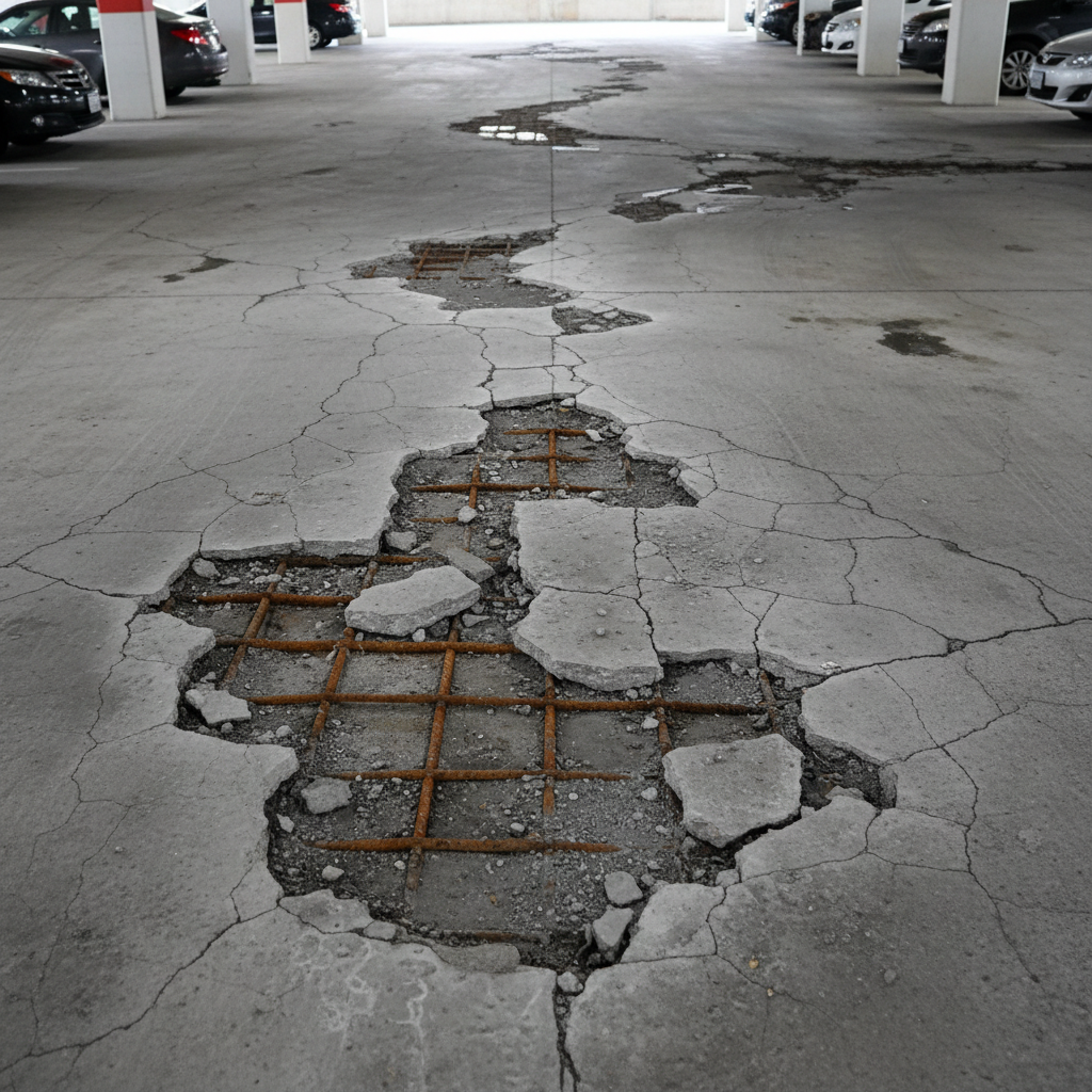 Concrete parking deck showing surface deterioration and cracking patterns