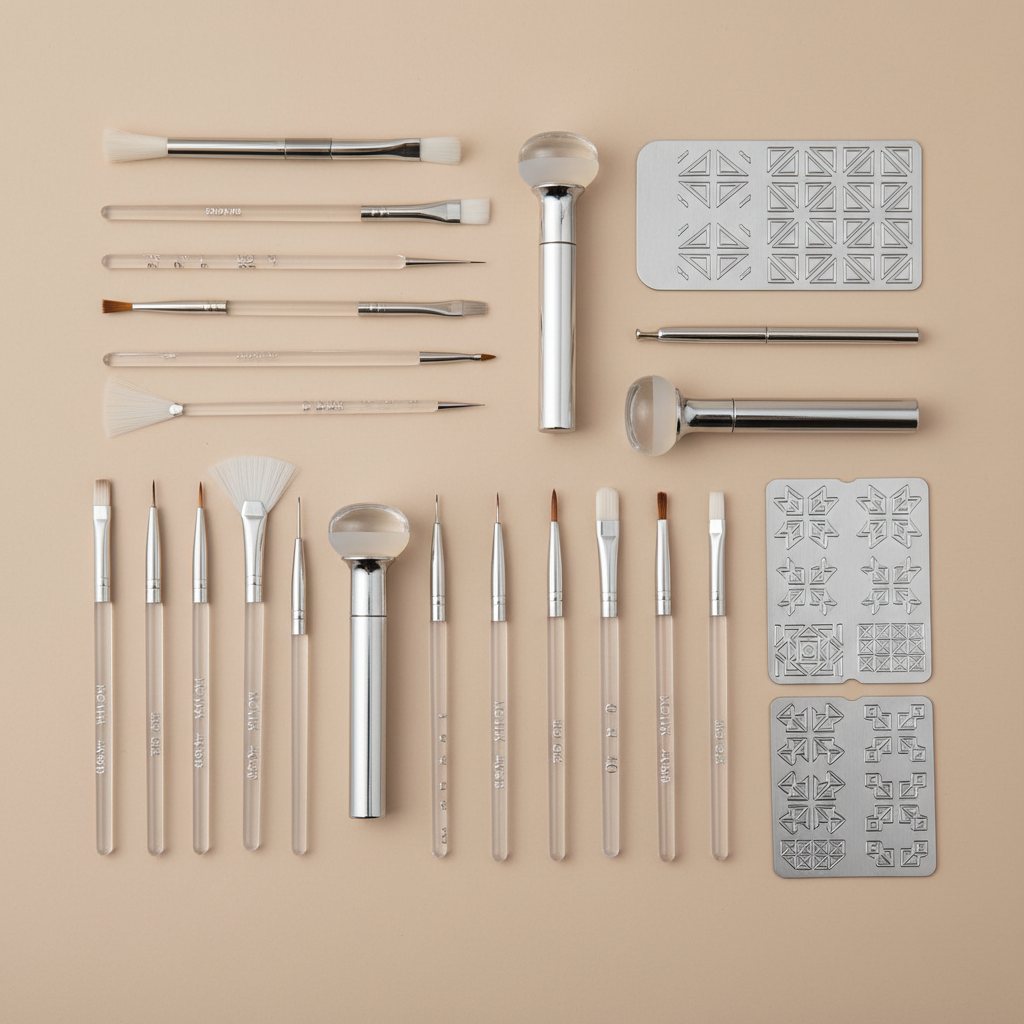 Assorted nail art tools including brushes dotting tools and stamps