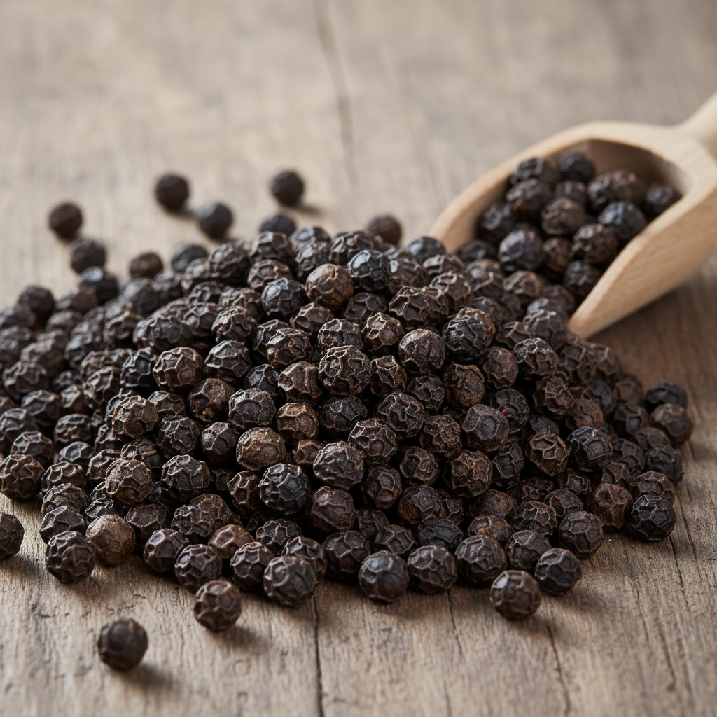 Whole black peppercorns piled on dark stone surface with dramatic lighting