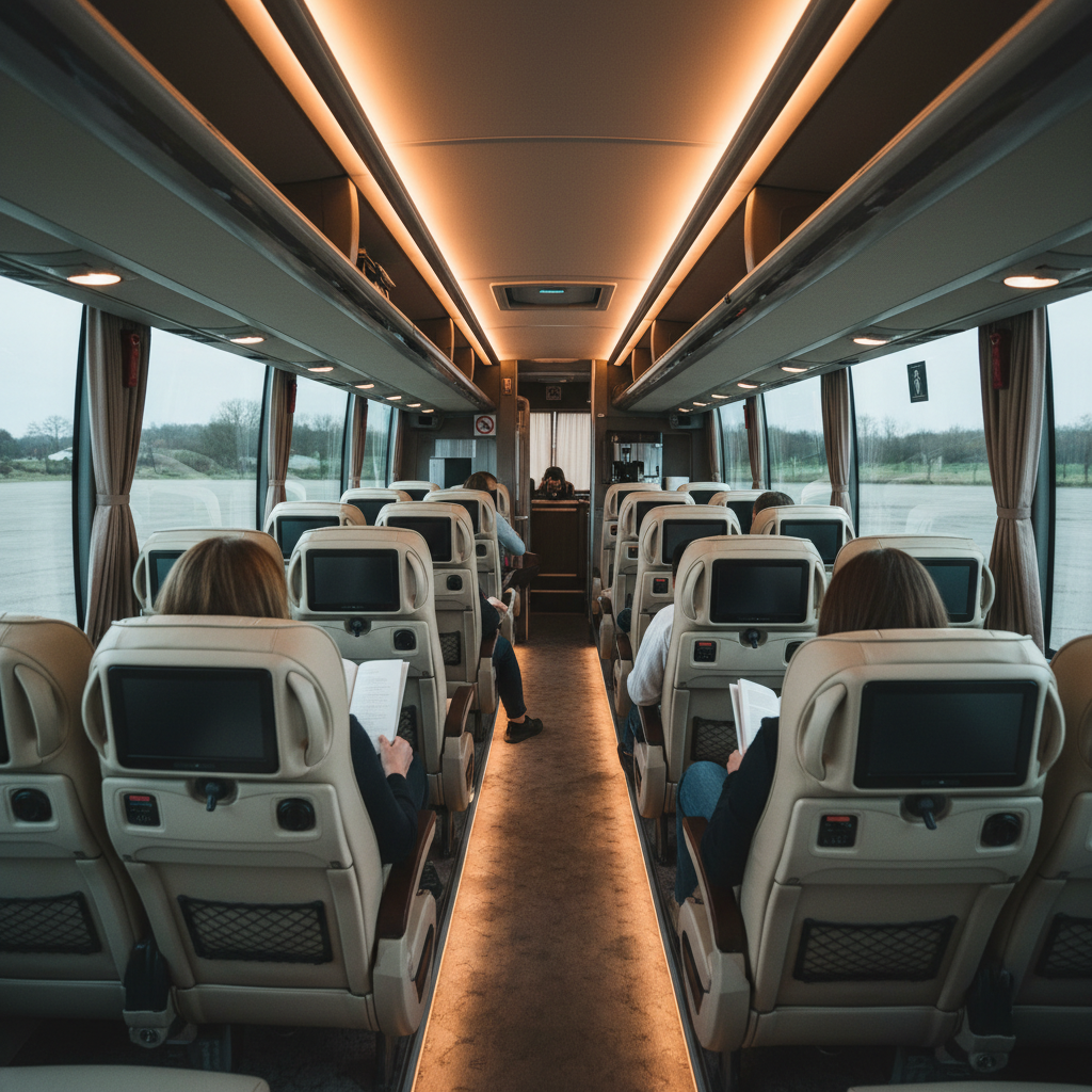 Luxury coach bus interior with passengers, warm interior lighting, comfortable seats, atmospheric