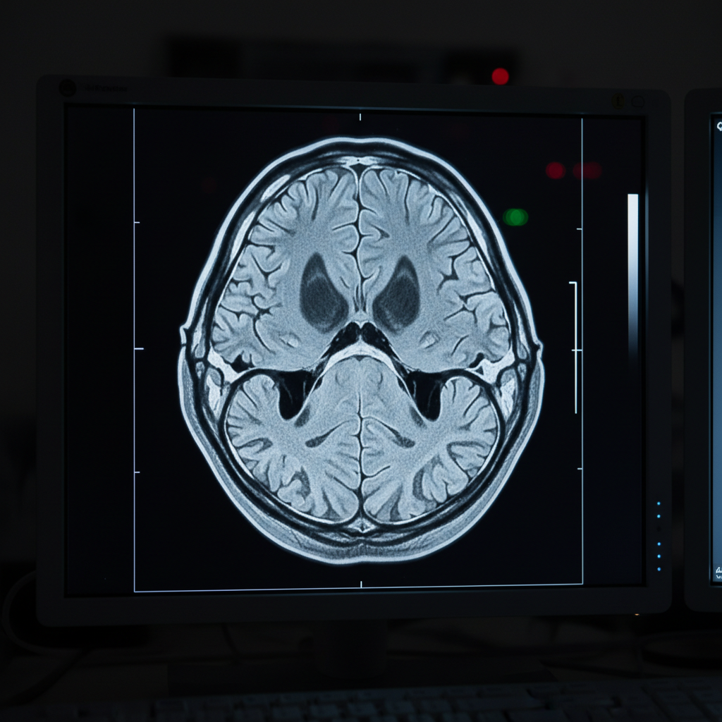 MRI brain scan visualization in dark clinical setting, dim blue-tinted room, low-key lighting with deep atmospheric shadows